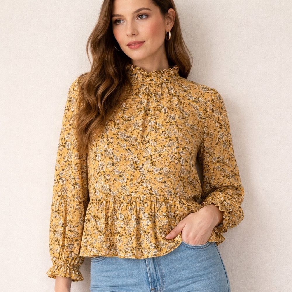 Nobody’s Child Mustard Floral Ruffle Mock Neck Peplum Blouse Long Sleeve Size 10